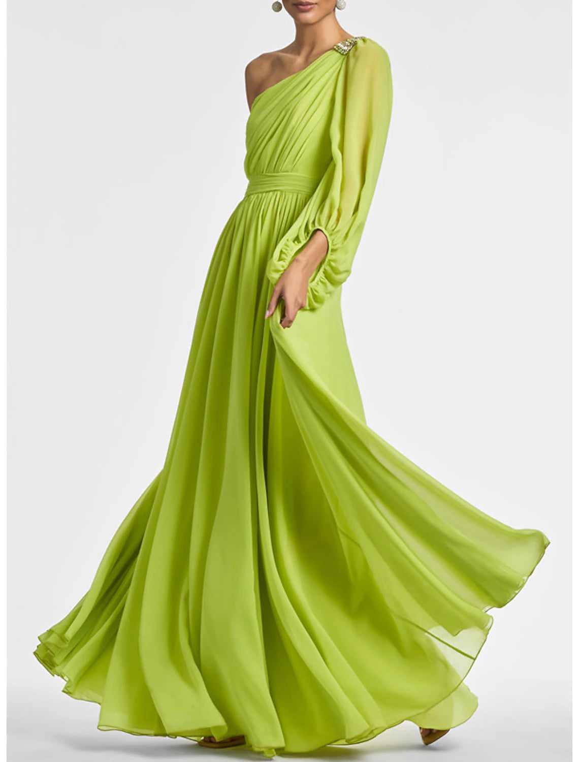 Abito da sera a trapezio, elegante, formale, da sposa, da festa, lungo, a maniche lunghe, monospalla, in chiffon con arricciature